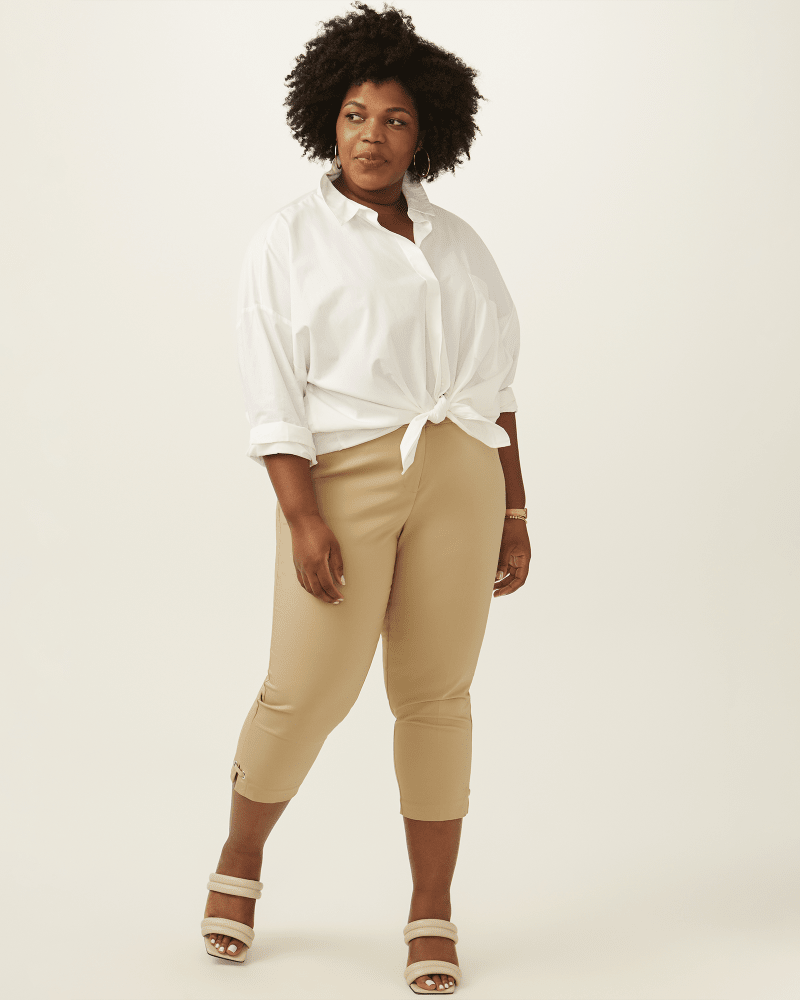 Plus size model with rectangle body shape wearing Worth Satin Twill Capri by Rafaella | Dia&Co | dia_product_style_image_id:202078
